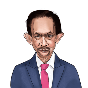 Karikatur af Hassanal Bolkiah, Sultan af Brunei, iført jakkesæt og slips. Illustration viser statslederen i forbindelse med FN-temaet 'We the leaders'. Oplysninger inkluderer Brunei som stat, styreform som sultanat og en befolkning på 455.858.