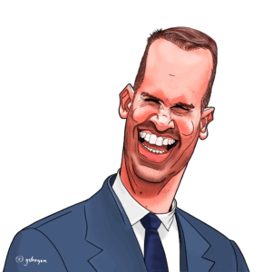 Caricature of Milojko Spajić, Prime Minister of Montenegro, featured in a political cartoon titled ‘UN – We the leaders’. The image displays exaggerated facial features and a wide smile