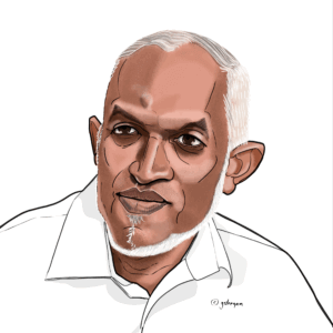 Illustrated portrait of Mohamed Muizzu, President and Prime Minister of the Maldives, featured in a graphic series titled 'UN – We the leaders', with governance labeled as democracy and the population listed as 517,887.