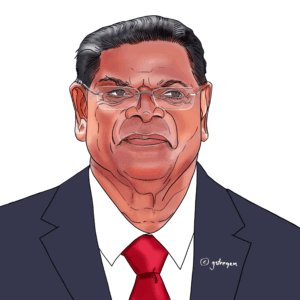 An caricature of Suriname's President Chan Santokhi wearing a dark suit, white shirt, and red tie, with glasses and a somewhat smiling face.