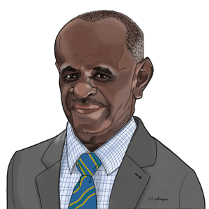 Political caricature of Jeremiah Manele, the current Prime Minister of the Solomon Islands, wearing a suit and tie.
