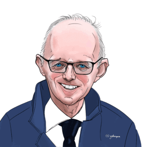 Caricature portrait of Luxembourg's Prime Minister Luc Frieden, smiling and wearing glasses and a dark blue jacket.