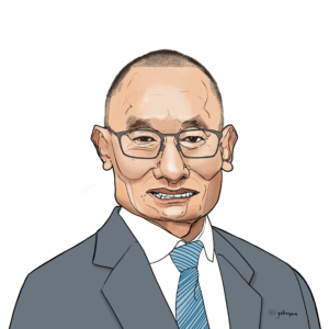 A colorful cartoon illustration of Tshering Tobgay, the former Prime Minister of Bhutan, depicted from the chest up. He has short hair, wears glasses, a light blue and white striped tie, and a grey suit jacket over a white shirt. He is smiling with a slightly open mouth, showing teeth. The background is plain white.