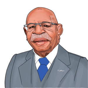 The image is a political cartoon featuring a smiling Sitiveni Rabuka, Prime Minister of Fiji. The caricature depicts a bald man with glasses and a prominent white mustache, wearing a grey suit, a white shirt, and a blue tie. The style is a simplified, yet recognizable, artistic representation of the individual.