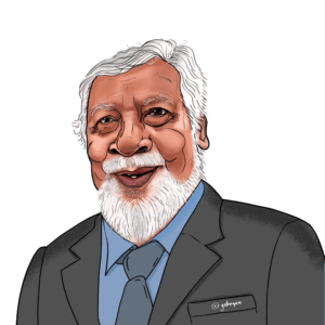 Cartoon drawing of José Alexandre "Xanana" Gusmão, the Prime Minister of East Timor, featured in a "UN - We the leaders" series. He has white hair and a white beard and is smiling slightly.