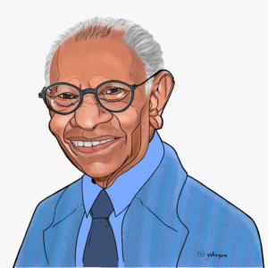 Illustration of Navin Ramgoolam, Prime Minister of Mauritius, featured in the UN series 'We the Leaders'. The portrait highlights Mauritius as a democratic state with a population of 1,268,280.