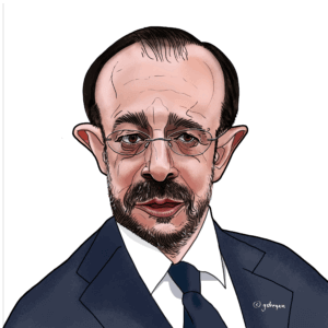 Caricature of Nikos Christodoulides, the President of Cyprus, wearing glasses, a suit, and a tie. The drawing, by gstregen, emphasizes his facial features, including a beard and prominent ears.