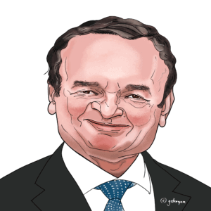 Digital caricature illustration of Albin Kurti, Prime Minister of Kosovo, in the UN 'We the Leaders' series.