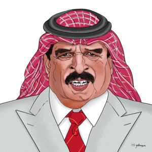 A digital caricature of King Hamad bin Isa Al Khalifa of Bahrain. He is shown from the shoulders up, wearing traditional headdress and a red tie. He has a mustache and a slight smile.