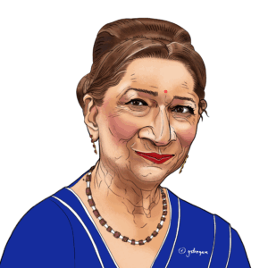 A digital caricature of Kamla Persad-Bissessar, the Prime Minister of Trinidad and Tobago. She is depicted from the shoulders up, facing forward with a slight smile.