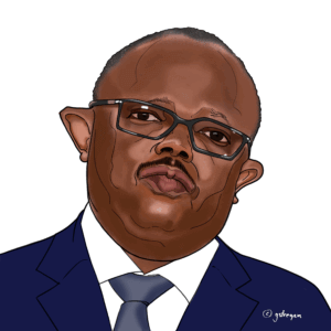 Illustrated portrait of Umaro Sissoco Embaló, President of Guinea-Bissau, from the “UN – We the leaders” series. The artwork features clean lines and realistic shading on a pink background, emphasizing his role as a national leader.