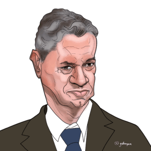 Illustrated political portrait of Robert Golob, Prime Minister of Slovenia, featured in the “UN – We the leaders” series. The artwork uses bold lines and shading with a green background, highlighting his role as a Slovenian leader.