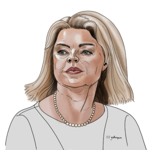 Political illustration of Evika Siliņa, Prime Minister of Latvia, as part of the “UN – We the leaders” series. The detailed portrait features bold shading and line work.