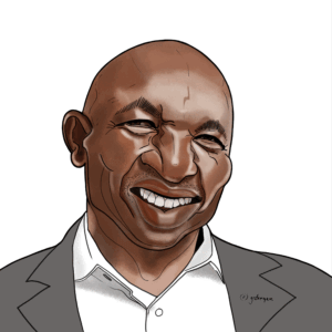 Caricature portrait of Sam Matekane, Prime Minister of Lesotho, featured in the “UN – We the leaders” series. The artwork shows him smiling, with bold line work.