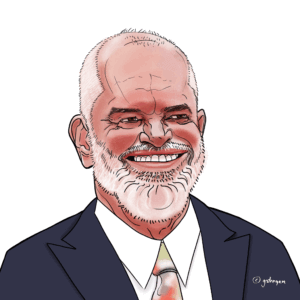 Caricature portrait of Edi Rama, prime minister of Albania smiling, bearded in a suit and tie, illustrated with detailed shading and warm tones. The artwork features a clean white background and expressive facial lines.