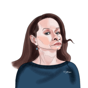 Detailed digital illustration of Inga Ruginiené, Prime Minister of Lithuania, drawn in a modern caricature style with expressive shading, long brown hair, and a confident upward gaze.