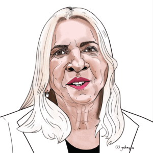 Caricature portrait of Željka Cvijanović, Chairperson of the Tripartite Presidency of Bosnia-Hzegovina, featured as number 131 in the 'UN – We the Leaders' series.