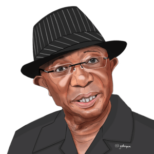 Caricature portrait of Joseph Boakai, President of Liberia, featured as number 114 in the 'UN – We the Leaders' series. The illustration uses expressive lines and humorous exaggeration to highlight his distinctive facial features, glasses, and striped hat.