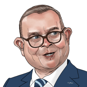 Caricature portrait of Petteri Orpo, Prime Minister of Finland, featured as number 115 in the 'UN – We the Leaders' series. The illustration uses expressive lines and humorous exaggeration to highlight his distinctive facial features and glasses.