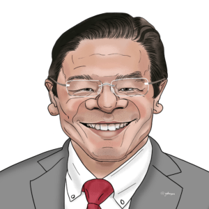 Caricature portrait of Lawrence Wong, Prime Minister of Singapore, featured as number 112 in the 'UN – We the Leaders' series. The illustration uses expressive lines and subtle exaggeration to highlight his distinctive facial features, glasses, and warm smile