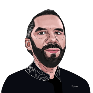 Caricature portrait of Nayib Bukele, President of El Salvador, featured as number 110 in the 'UN – We the Leaders' series. The illustration uses expressive lines and artistic exaggeration to highlight his distinctive facial features, including his beard and mustache.