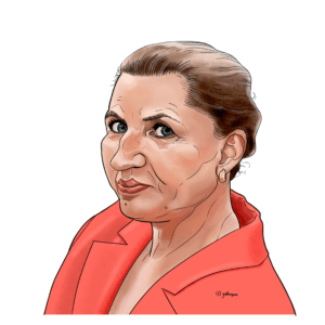 Caricature portrait of Mette Frederiksen, Prime Minister of Denmark, featured as number 111 in the 'UN – We the Leaders' series. The illustration uses expressive lines and subtle exaggeration to highlight her distinctive facial features.