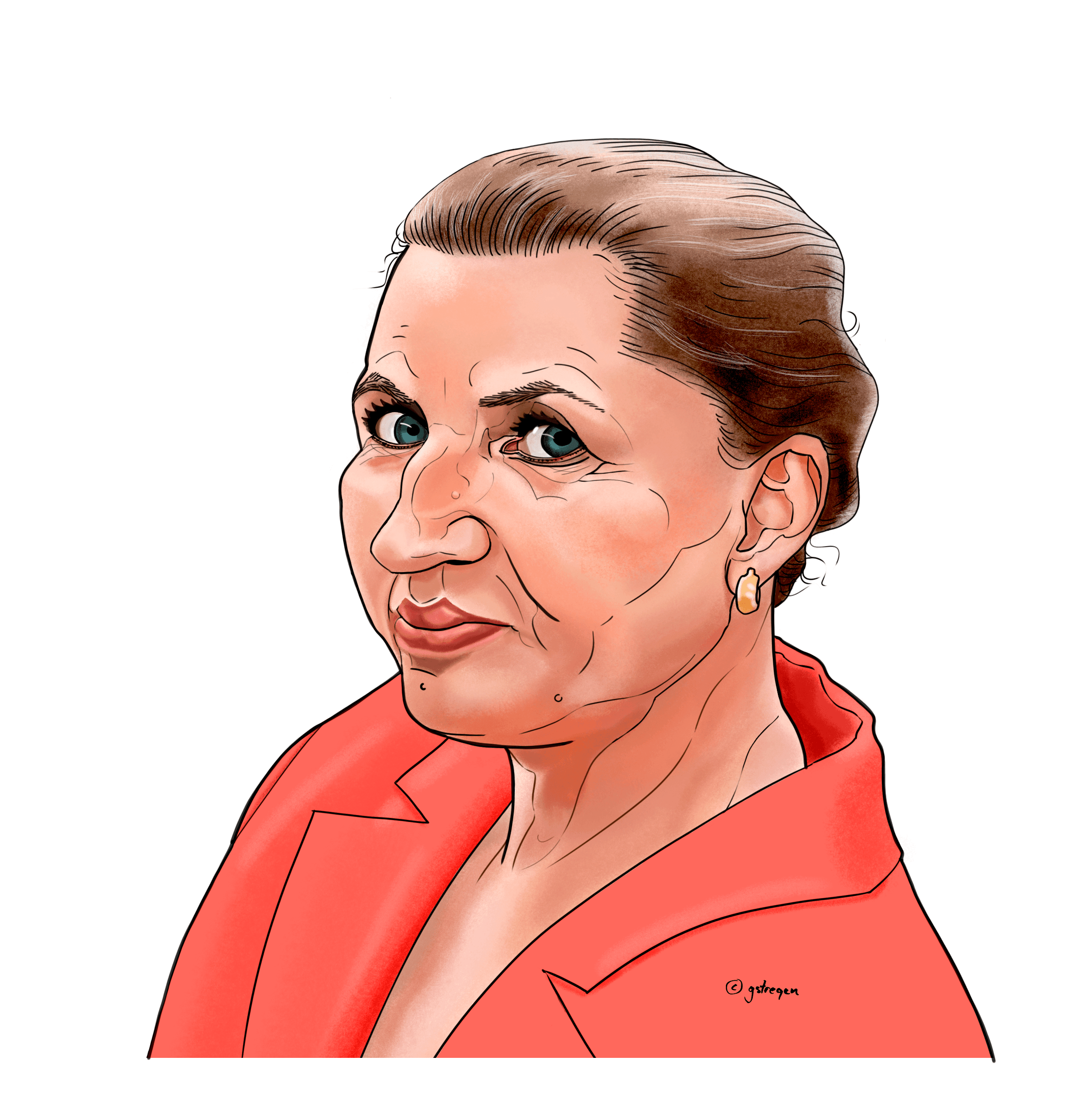 Caricature portrait of Mette Frederiksen, Prime Minister of Denmark, featured as number 111 in the 'UN – We the Leaders' series. The illustration uses expressive lines and subtle exaggeration to highlight her distinctive facial features.