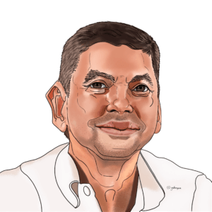Caricature portrait of Santiago Peña, President of Paraguay, featured as number 105 in the 'UN – We the Leaders' series.
