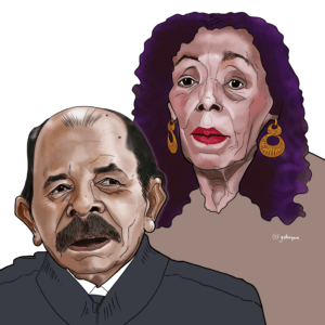 Caricature portrait of Daniel Ortega and Rosario Murillo, Co-Presidents of Nicaragua, featured as number 106 in the 'UN – We the Leaders' series.