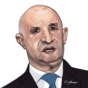 Caricature portrait of Rumen Radev, Prime Minister of Bulgaria, featured as number 107 in the 'UN – We the Leaders' series. The illustration uses expressive lines and subtle exaggeration to highlight his distinctive facial features