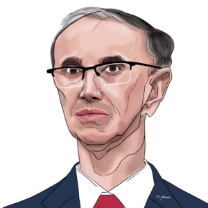 Caricature portrait of Đuro Macu, Prime Minister of Serbia, featured as number 108 in the 'UN – We the Leaders' series.