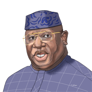 Caricature portrait of Julius Maada Bio, President of Sierra Leone, featured as number 100 in the 'UN – We the Leaders' series. The illustration uses expressive lines and humorous exaggeration to highlight his distinctive facial features, including his prominent ears, large glasses, and broad smile, dressed in a light blue suit and traditional patterned cap.