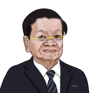 Caricature portrait of Thongloun Sisoulith, General Secretary and President of Laos, featured as number 101 in the 'UN – We the Leaders' series. The illustration employs bold, expressive lines and subtle artistic exaggeration to emphasize his distinctive facial features, including his glasses and composed demeanor. Includes key details: state (Laos), governance (Theocracy), and population (7,873,046). Ideal for leadership-focused visual storytelling and editorial use.