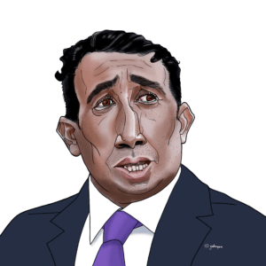 Caricature portrait of Mohamed Yunus al-Menfi, Chairman of the Presidential Council of Libya, featured as number 103 in the 'UN – We the Leaders' series. The illustration uses expressive lines and subtle exaggeration to highlight his distinctive facial features and serious demeanor